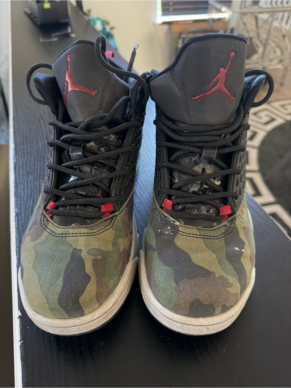 Jordan Camo High-Top Sneakers - Black & Green with Red Logo